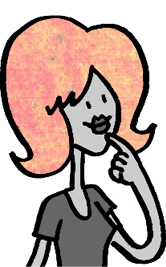 A cartoon woman with vibrant pink hair, dressed in a black shirt, exuding a cheerful demeanor.